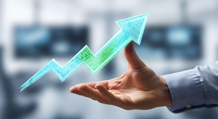 Business growth arrow hologram in human hand, financial success and digital growth concept