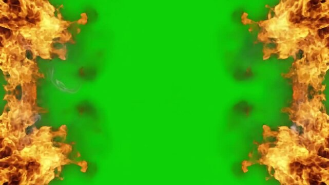 Isolated Abstract Fire with huge fires light smoke at screen borders on green for chromakey use 4k uhd 60 fps 3d animation distortion, overlay, glitch, static noise, scan lines black background