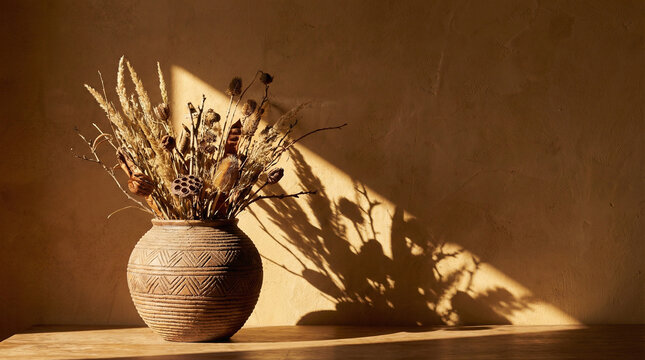 Dramatic African Pottery, Natural Elements Still Life. Side-lit artistic composition featuring handcrafted African clay pot with dried botanicals, deep shadow, swarm highlights on earth-toned backdrop