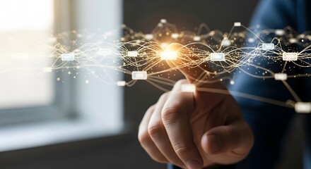 Blockchain and AI network connection hologram, digital data security and technology concept