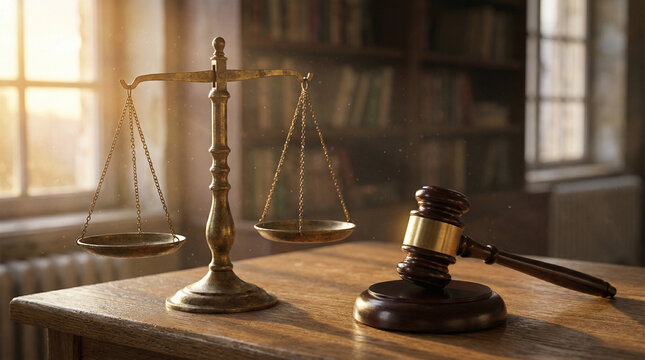 Wooden Gavel and Balance Scale in Warm Golden Light. Close-up of antique brass balance scale beside wooden gavel on oak desk, warm sunset light streaming through window, soft bokeh background