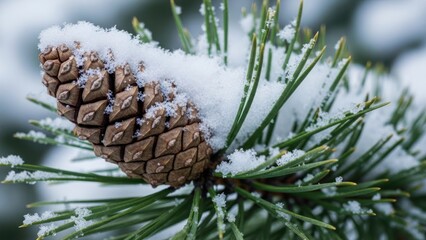 Snow covered pinecone on branch against blurred background