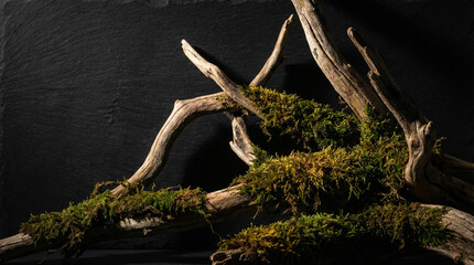 Fototapeta premium Reclaimed Wood and Moss Art Installation with Dramatic Shadows. Side-lit artistic composition of weathered driftwood intertwined with vibrant moss, deep shadows creating contrast against dark backdrop