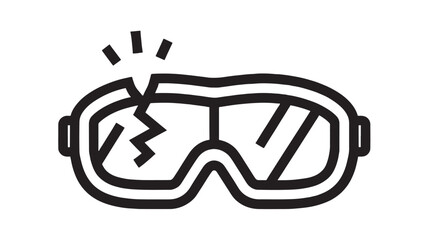 Fototapeta premium Goggles safety icon with cracked lens and impact marks, protective eyewear symbol in bold black outline, minimal line art pictogram isolated on white background