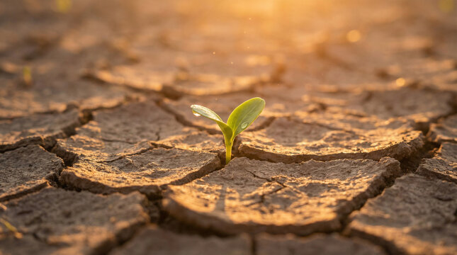 Seedling Growing Through Cracked Earth Climate Resilience Symbol. Close-up of vibrant green seedling emerging from dry cracked soil, warm golden hour sunlight, hope and renewal concept