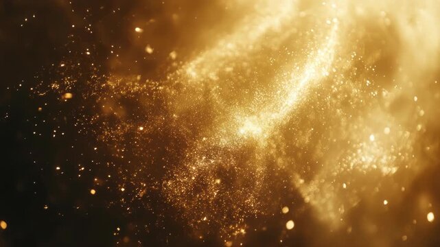 A golden bokeh display features shimmering particles, suggesting luminosity and ethereal movement