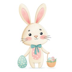 Fototapeta premium Watercolor Easter bunny with eggs, basket, background