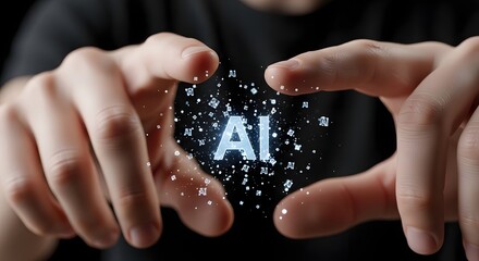 Hands holding artificial intelligence letters, AI innovation and modern digital technology concept