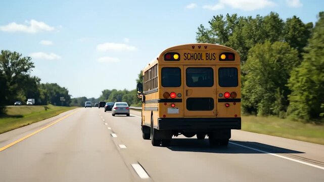 Yellow school bus driving on a long highway under a clear blue sky, a rear view capturing essential daily transport.