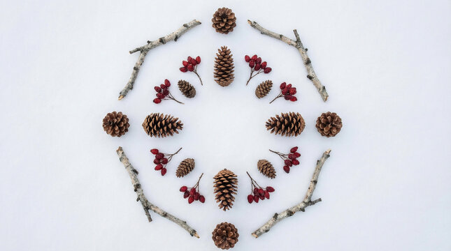 Minimalist Winter Elements Flat Lay on White Snow Surface. Clean overhead arrangement of pinecones, dried berries, and bare twigs on pristine white snow creating modern winter aesthetic