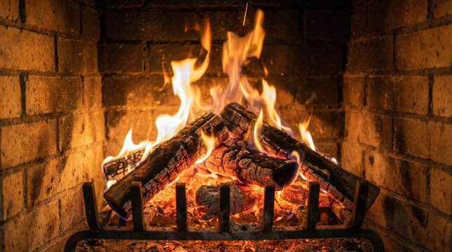 Crackling Fireplace Flames Close-Up with Glowing Embers. Intimate close-up of dancing orange flames and red-hot embers in brick fireplace, warm golden light radiating comfort