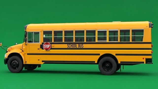 Bright yellow school bus prominently displayed against a vibrant, plain green background, symbolizing education and reliable student transport