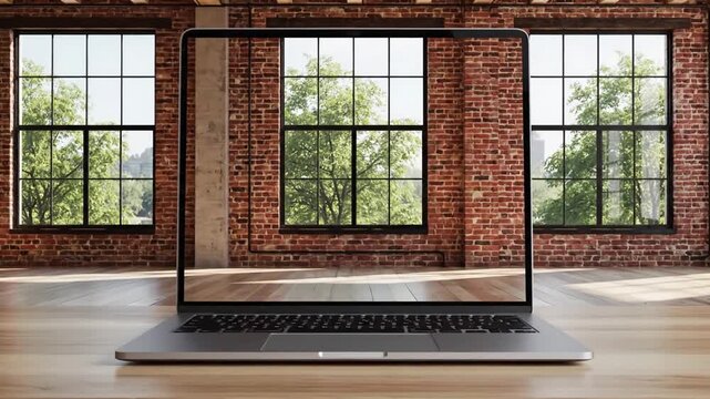 Empty Loft Workspace Portal with laptop green screen is opening office interior brick wall and swaying trees on the wind last 200 frames are looped distortion, overlay, glitch, static noise, scan