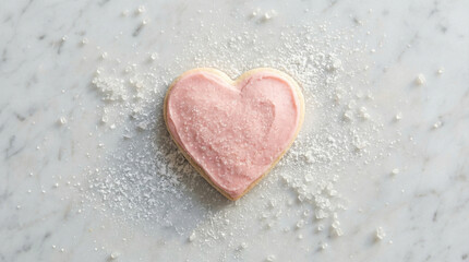 Obraz premium Minimalist Heart Cookie Flat Lay on Marble Surface. Single pink heart-shaped cookie centered on white marble with scattered sugar crystals and clean modern aesthetic overhead