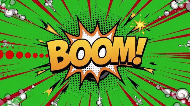 Green Screen boom word retro cartoon comic bubbles popup style expressions colored bomb and smoke strip dotted with red speed radial line seamless loop animation scene 4 distortion, overlay, glitch
