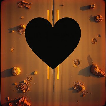 Black heart, arrow's stark path, aged film grain, aerial perspective, desaturated pathos, iconic rupture, faded texture,  moody,  graphic design