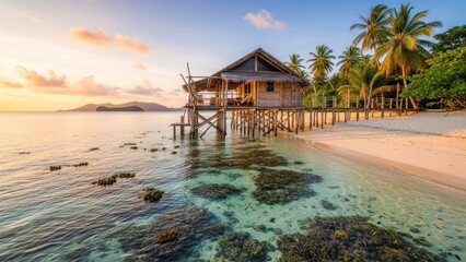 Wooden house over water at tropical beach during sunset