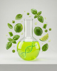 Hyper-realistic 3D render of a transparent glass laboratory flask filled with neon lime-green liquid, glowing DNA double helix inside the flask, surrounded by floating fresh green leaves, whole limes