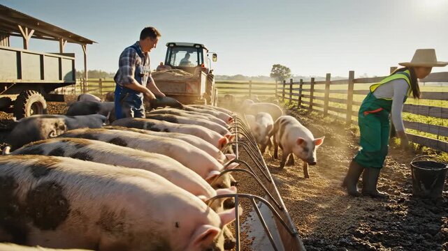 Farmers feeding pigs on rural farm at sunrise with tractor in background