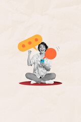 Fototapeta premium Composite sketch image design trend artwork collage of young lady sit down hold phone chatting bubble balloon message speech excited smile