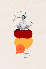 Fototapeta premium Template poster trend artwork 3D photo collage of copyspace three message thought quote feedback comment young lady sit meditate keep calm