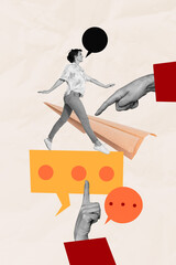 Fototapeta premium Sketch image trend artwork montage photo collage of young lady walk feedback comment conversation sticker paper flight hand finger point