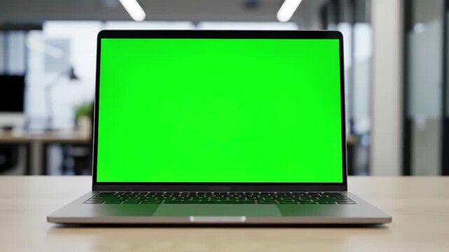 Modern Workspace Technology with laptop display green screen background on office desk people attending business meeting isolated mockup template blank chroma key and copy space computer close up