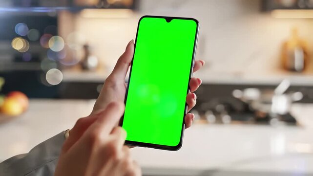 Green Screen young hands woman holding use smartphone with vertical mobile phone background kitchen technology information communication device business girl cellphone display slow motion scene 3