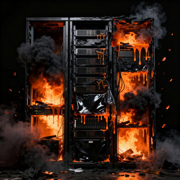 Detailed view of server racks on fire with heavy black smoke and melting parts, technology failure and hardware disaster concept, 3d illustration