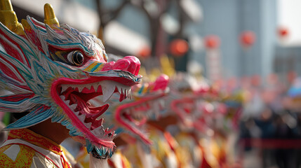 Dragon Heads: A vibrant row of intricately crafted dragon heads, each one a testament to artistry and tradition, are lined up in preparation for a cultural celebration.