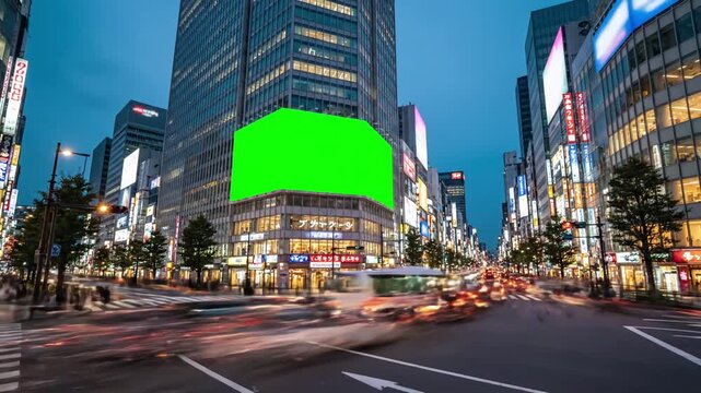 Green Screen large billboard with a on the modern building busy crossroad neon lights timelapse of traffic tokyo japan scene 4 distortion, overlay, glitch, static noise, scan lines black background