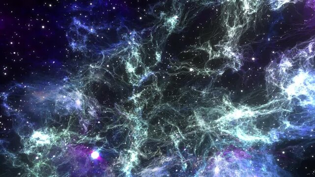 Flying through blue galaxies and nebulae. Lots of stellar groups passing by. Cluster of stars, journey through space, the vast expanse of the universe. 4k footage
