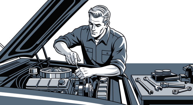 Illustration of a retro styled mechanic working on a car engine. Classic design, perfect for automotive themes, vintage ads, and retro inspired projects.