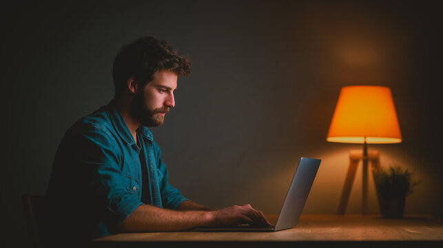 Young man working on laptop at night with warm lamp light, focused on freelance project in cozy dark office, remote work, digital nomad, searching the information, working online at home office.