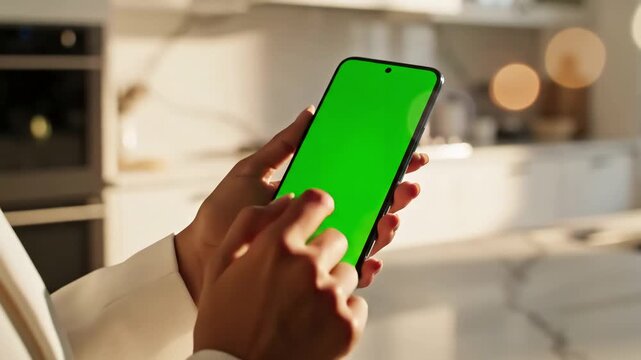 Green Screen young hands woman holding use smartphone with vertical mobile phone background kitchen technology information communication device business girl cellphone display slow motion scene 4