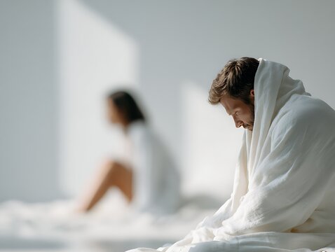 Man and woman sitting apart on bed wrapped in blankets. Visual context of relationship strain, male fertility problems, low libido, and intimacy difficulties