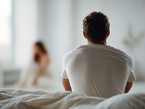 Man sitting on bed seen from behind, woman blurred in background. Scene representing male fertility problems, low libido, and emotional distance in relationship