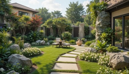 Fototapeta premium Green Garden With Stone Path and Seating Area in Bright Daylight