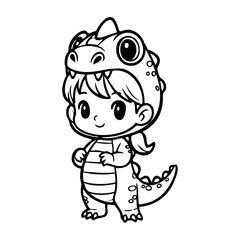 Dibujo con líneas de una niña disfrazada de bebé dinosaurio o dragón simpático de pie de perfil  © teracreonte