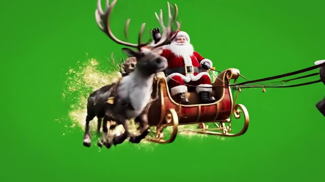 Green Screen santa sleigh flies front alpha matte christmas reindeer night 3d rendering animation 4k scene 4 with distortion, overlay, glitch, static noise, scan lines on black background, animated