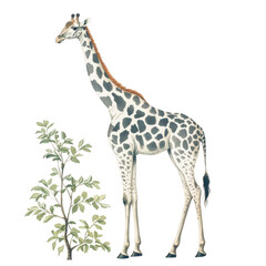 Obraz premium Graceful Giraffe Eating Green Acacia Leaves isolated on a transparent background