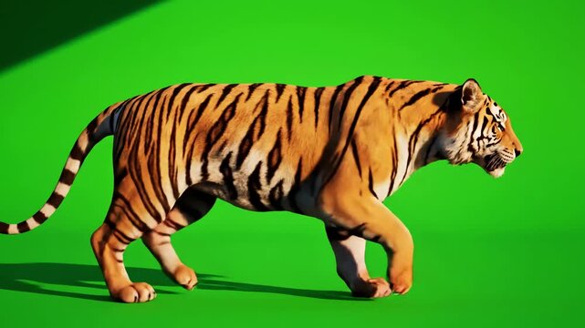 Green Screen tiger slowly walking seamlessly looped on real shot isolated chroma key perfect for digital composition cinema 3d mapping scene 4 with distortion, overlay, glitch, static noise, scan