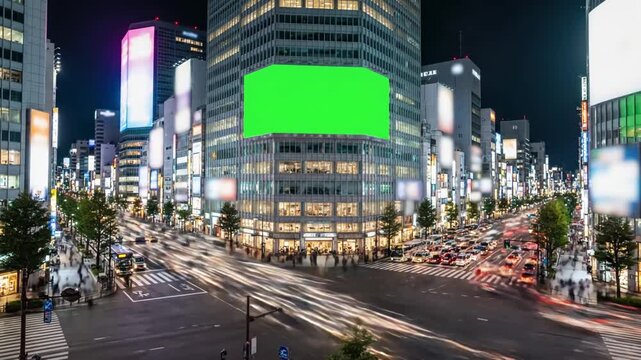 Green Screen large billboard with a on the modern building busy crossroad neon lights timelapse of traffic tokyo japan scene 2 distortion, overlay, glitch, static noise, scan lines black background