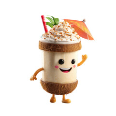 Animated Tropical Delight: An animated cartoon character representing a refreshing tropical drink, complete with coconut shell, whipped cream, and a tiny umbrella, conveying a sense of playful fun.