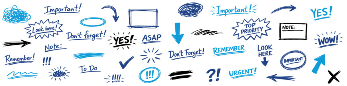 Collection of hand-drawn blue marker doodles, arrows, and notes including Important, ASAP, and Urgent for business and organization projects.