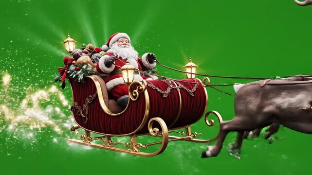 Green Screen santa sleigh flies front alpha matte christmas reindeer night 3d rendering animation 4k scene 2 with distortion, overlay, glitch, static noise, scan lines on black background, animated