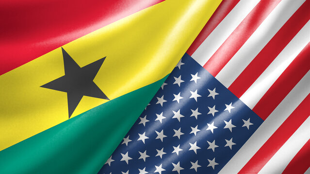 Ghana and United States of America two national flags filling the entire frame, close-up view, edge-to-edge composition