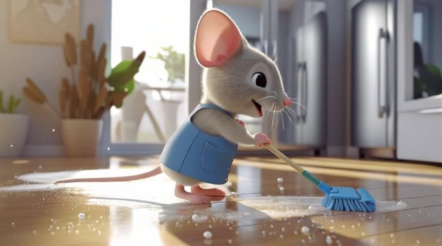 Mouse cleans kitchen floor with blue mop