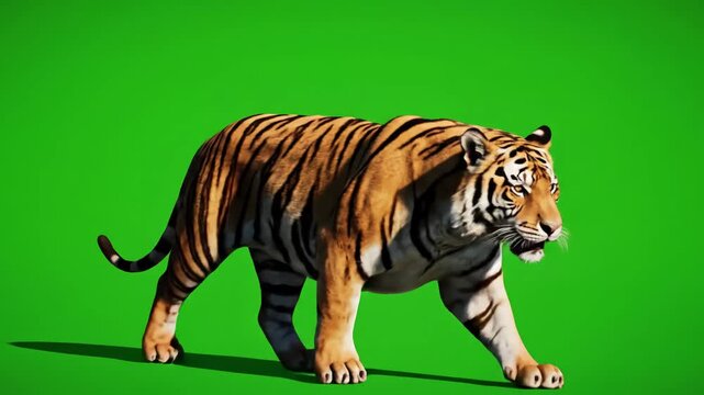 Green Screen tiger slowly walking seamlessly looped on real shot isolated chroma key perfect for digital composition cinema 3d mapping scene 1 with distortion, overlay, glitch, static noise, scan