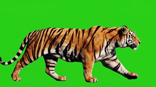 Green Screen tiger slowly walking seamlessly looped on real shot isolated chroma key perfect for digital composition cinema 3d mapping scene 2 with distortion, overlay, glitch, static noise, scan